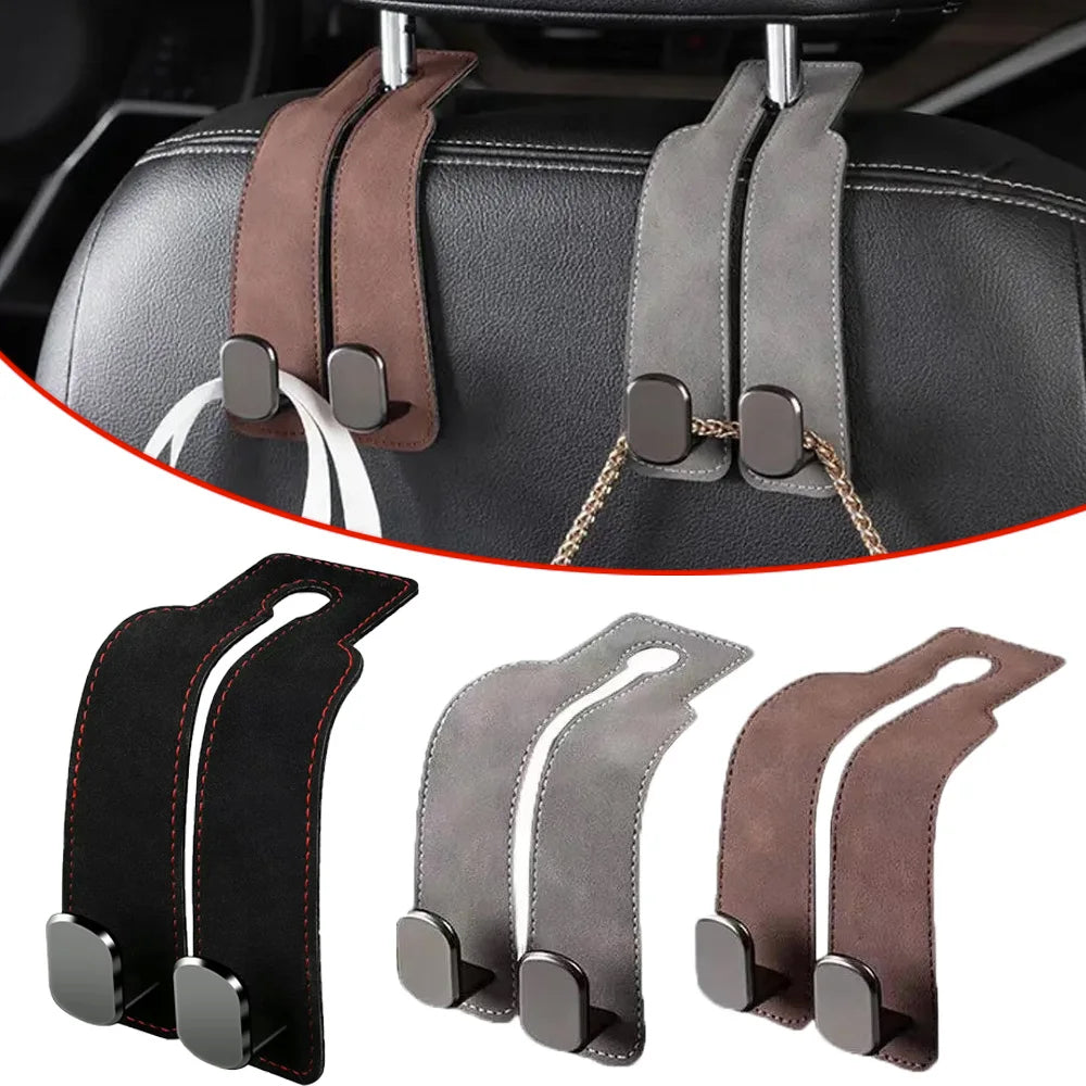 Car Headrest Hook – Premium Suede PU Leather Backseat Organizer (Pack of 2)